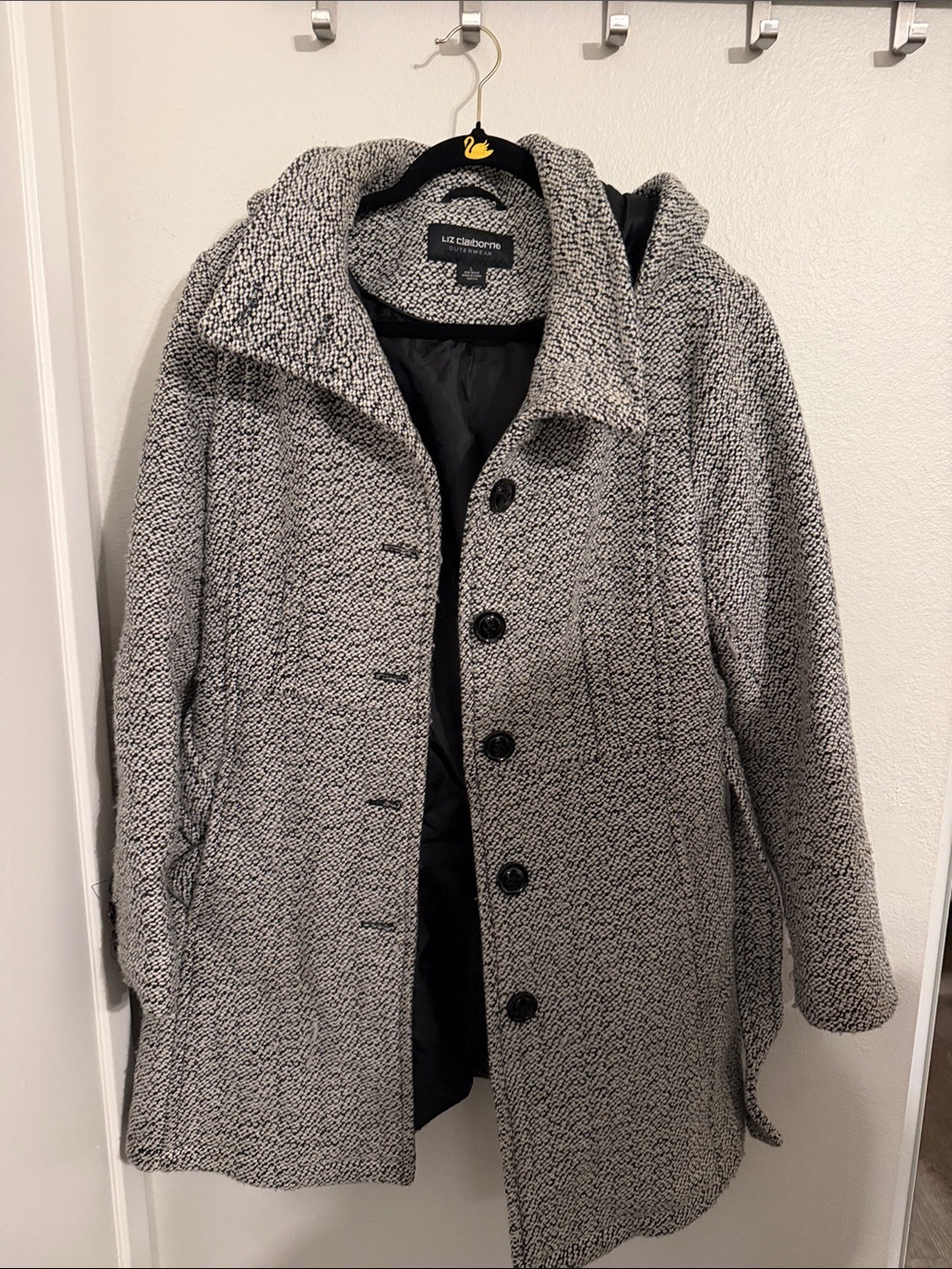 Liz Claiborne Black & White Textured Hooded Pea Coat